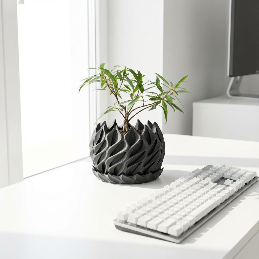 Decorative black and white vase with a plant on a desk next to a keyboard