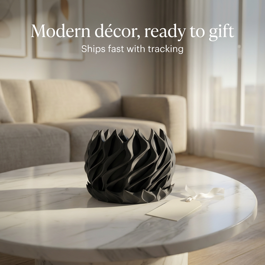Decorative black vase on a marble table with a living room background