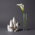 White Crystal Cluster Jewelry Holder with rings and necklaces beside a single white flower in a clear vase