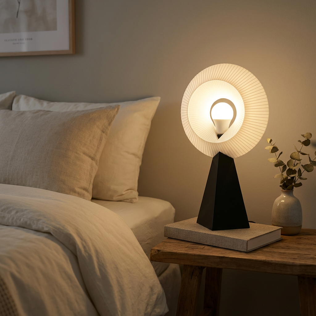 Decorative table lamp on a nightstand next to a bed with pillows
