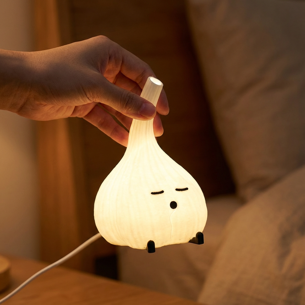 Light bulb-shaped night light on a wooden table with a blurred background of lights.