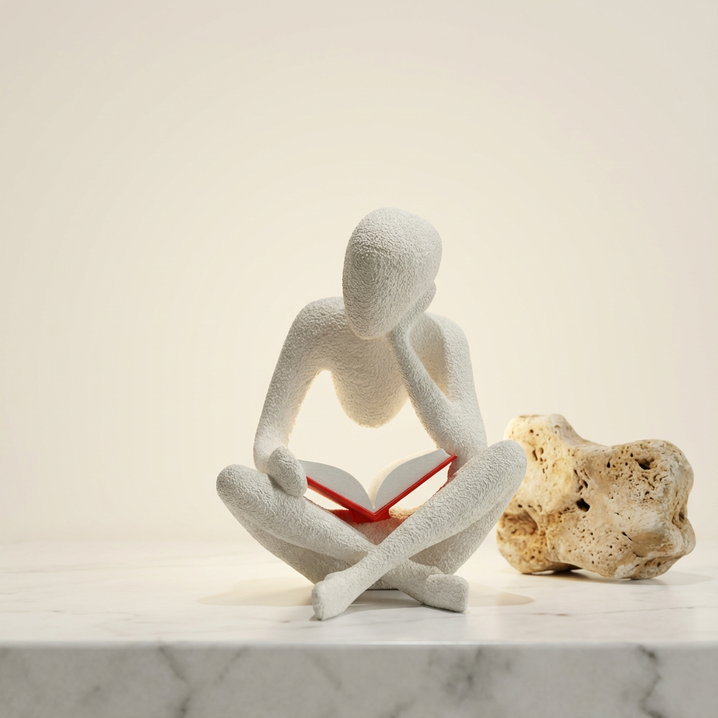 White abstract sculpture of a person sitting with a red object on a marble surface.