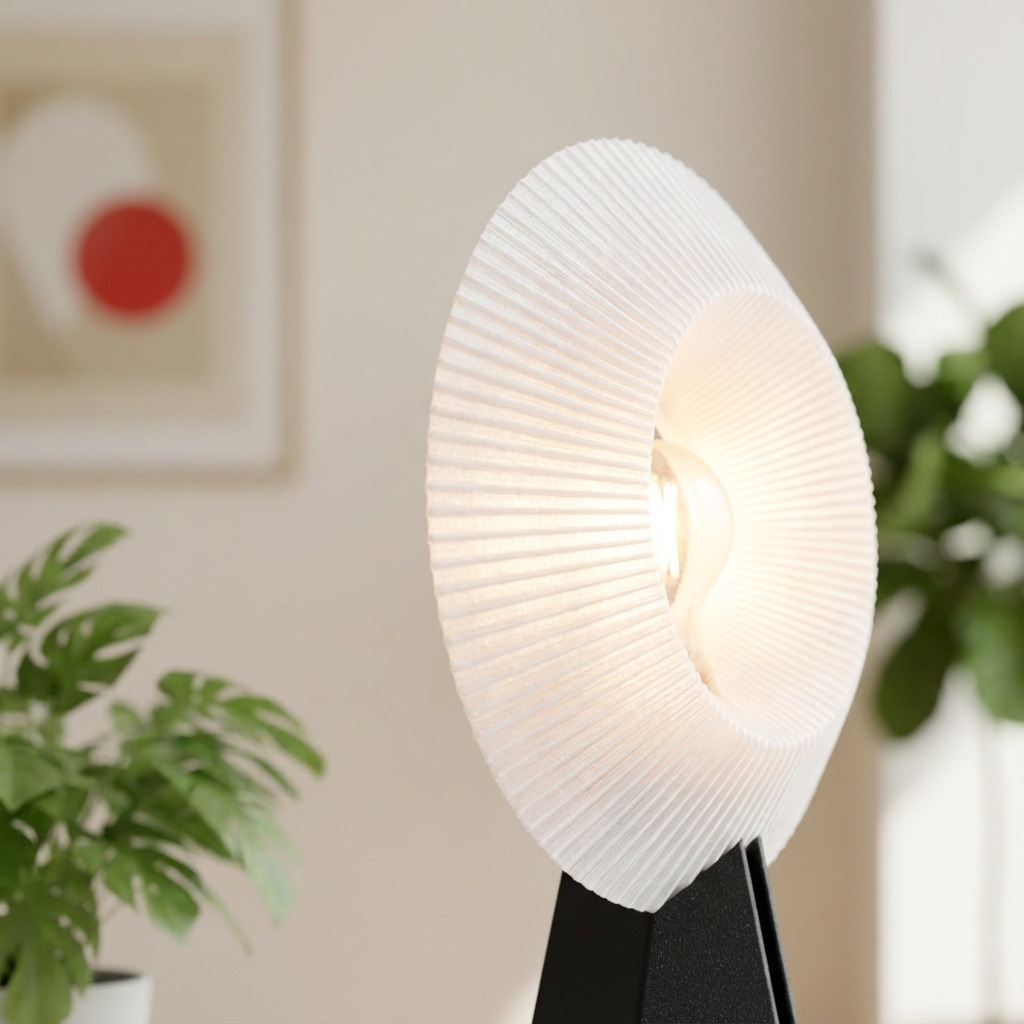 Modern table lamp with white ribbed shade in a room setting