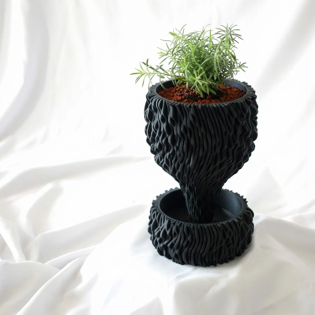 Black textured planter with a small plant on a white fabric background