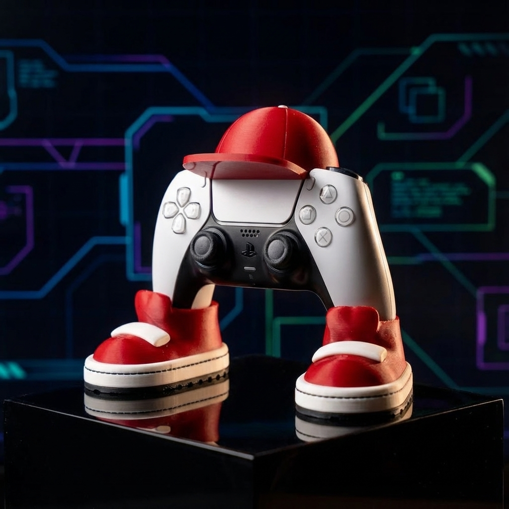 Gaming controller with red and white shoes on a reflective surface against a futuristic background