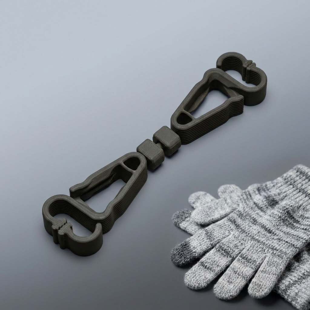 Two metallic carabiners on a reflective surface with a pair of gray gloves.