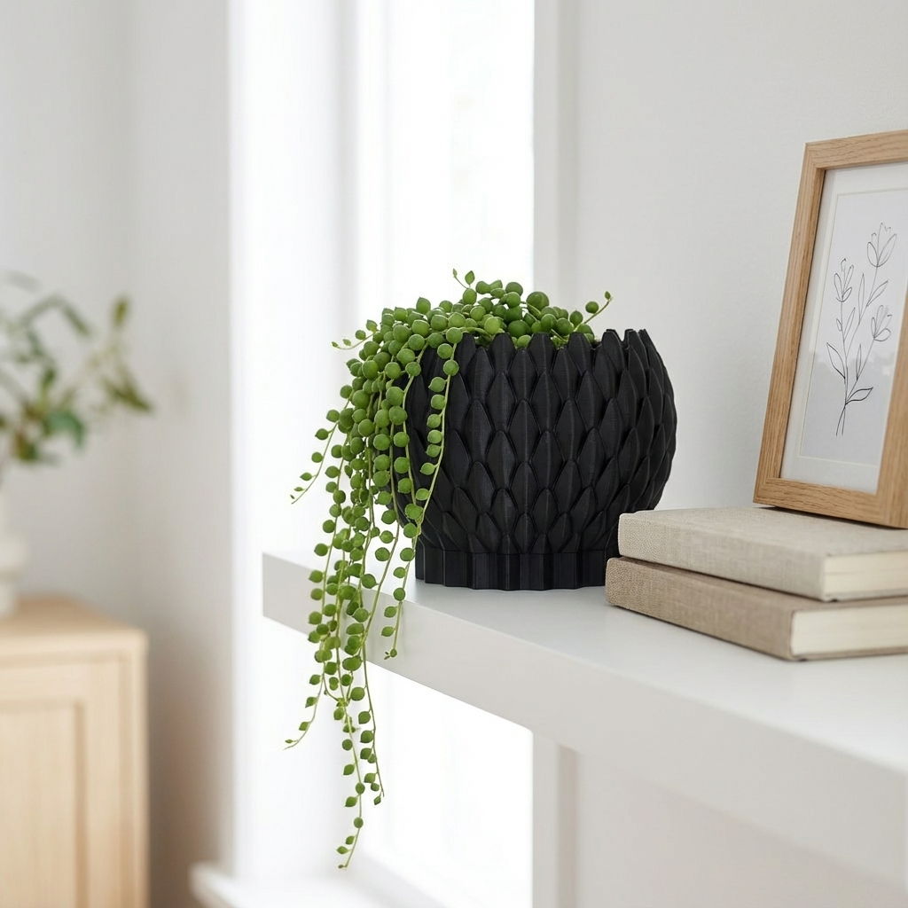 Black textured planter with a green plant on a white surface next to books and a framed picture.