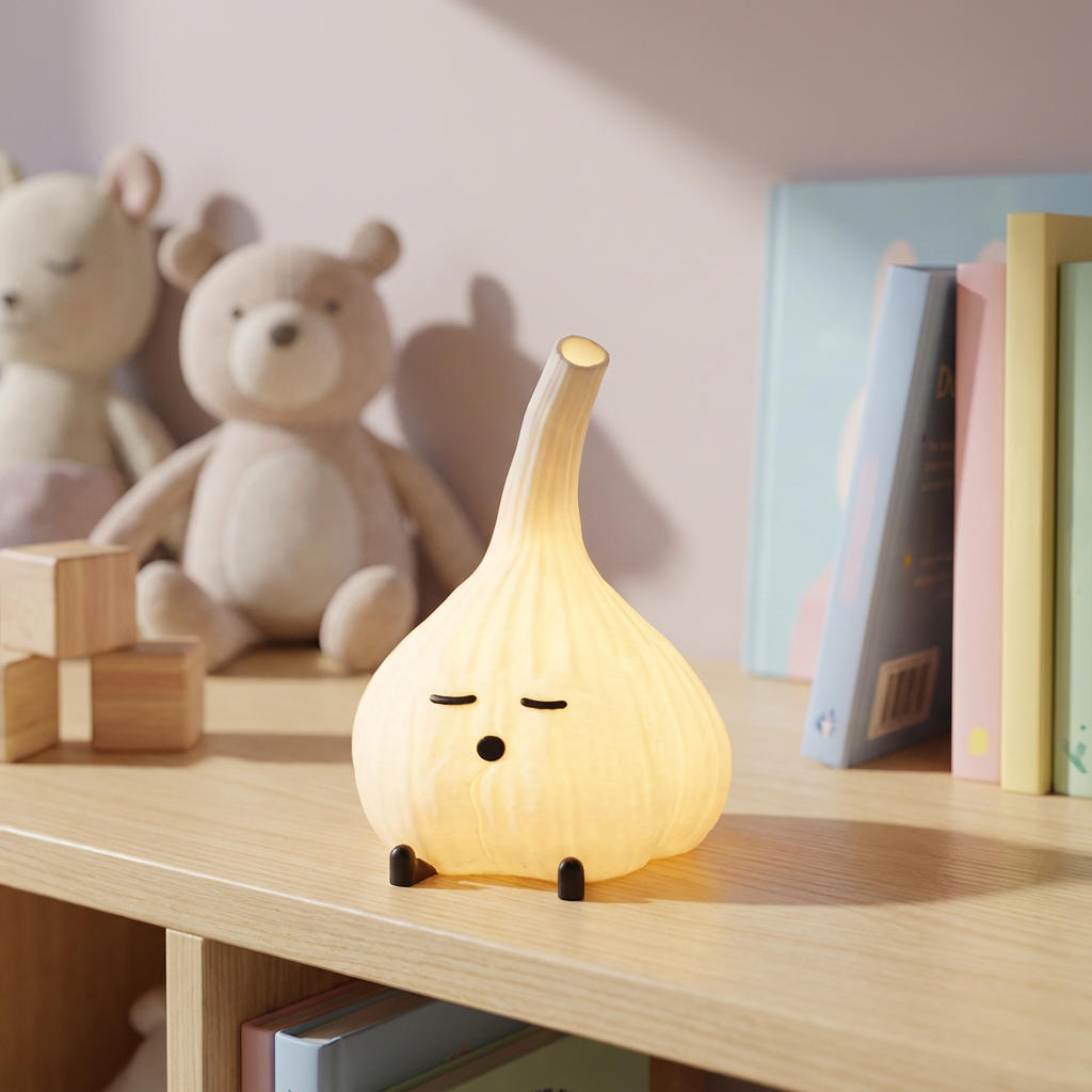 Cute lamp shaped like a garlic bulb on a wooden surface with toys and books in the background