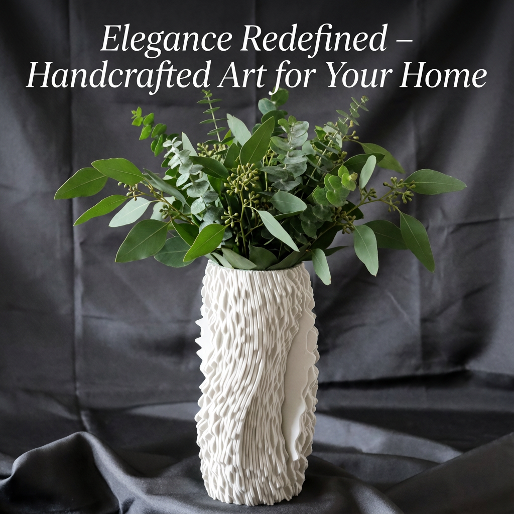 Textured white vase with greenery on a dark background, promoting handcrafted art for home.