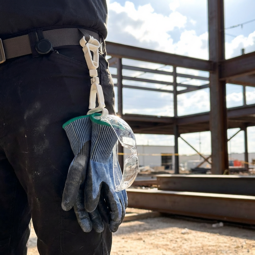 Person holding safety glasses and gloves with a construction site in the background
