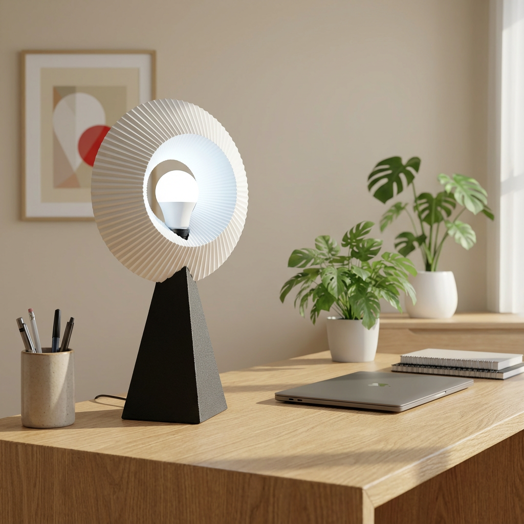 Modern desk lamp on a wooden desk with plants and office supplies