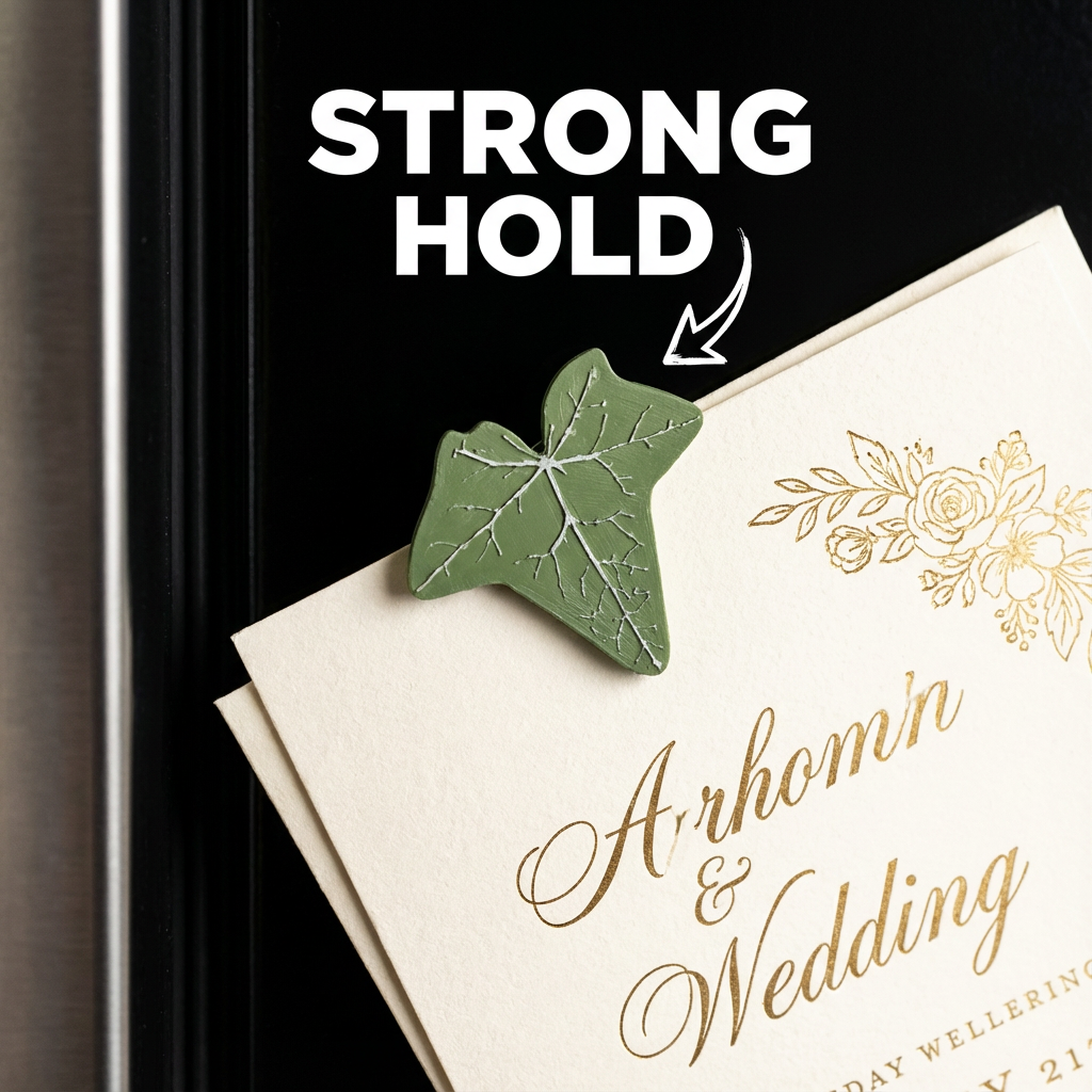 Green leaf-shaped magnet on a wedding invitation with 'Strong Hold' text above.