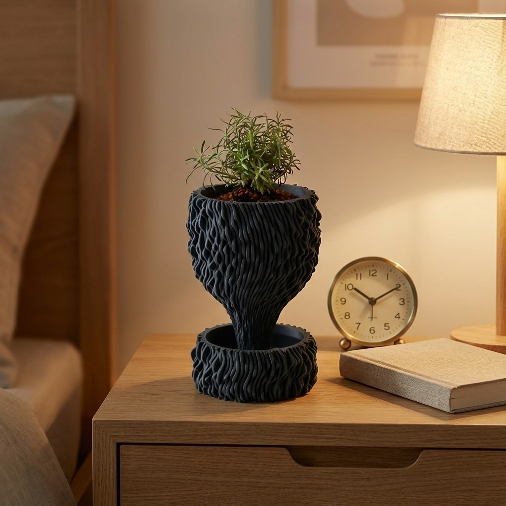 Decorative black planter with a plant on a wooden nightstand next to a clock and lamp.