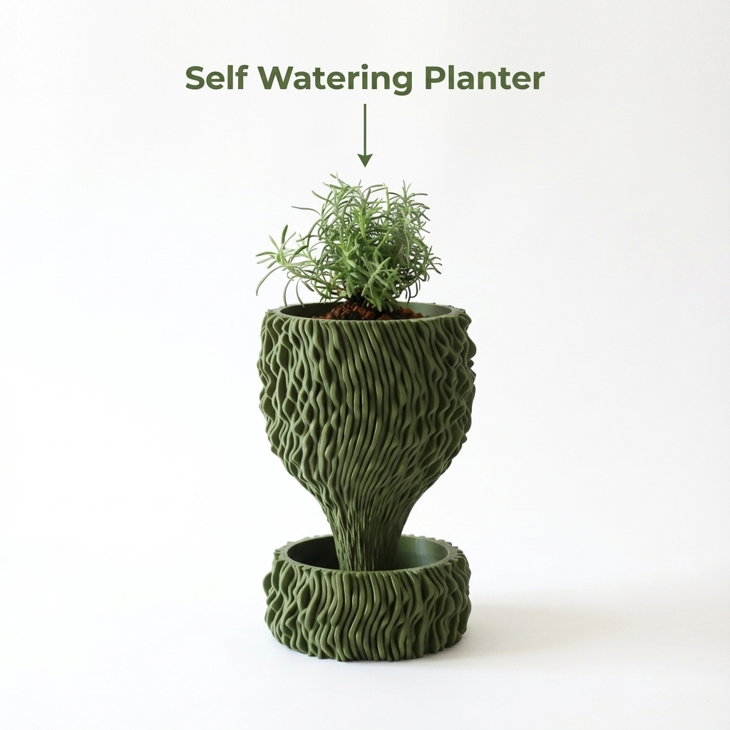 Green self-watering planter with a plant on a white background