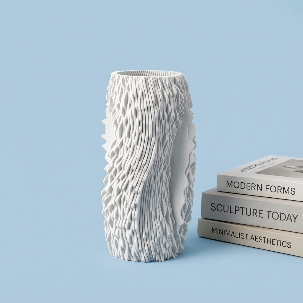 Textured white vase on a light blue background with books titled 'Modern Forms', 'Sculpture Today', and 'Minimalist Aesthetics'.