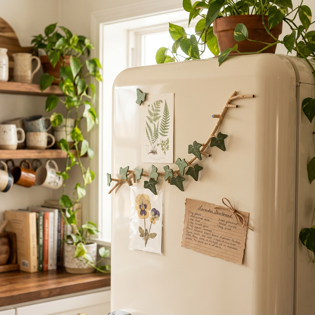 Cream retro refrigerator featuring a Magnetivy articulated magnetic vine holding a vintage postcard and pressed flower art