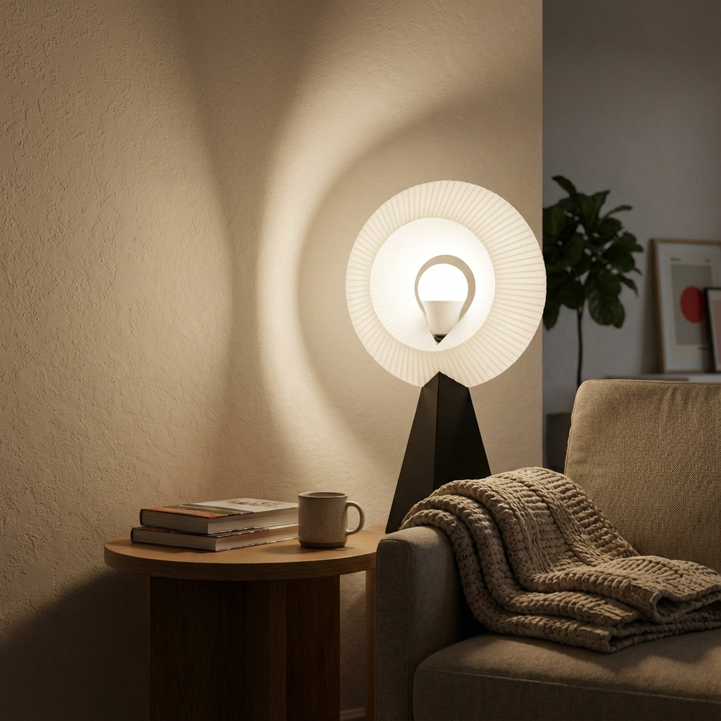 Modern table lamp on a side table with a cozy living room setting