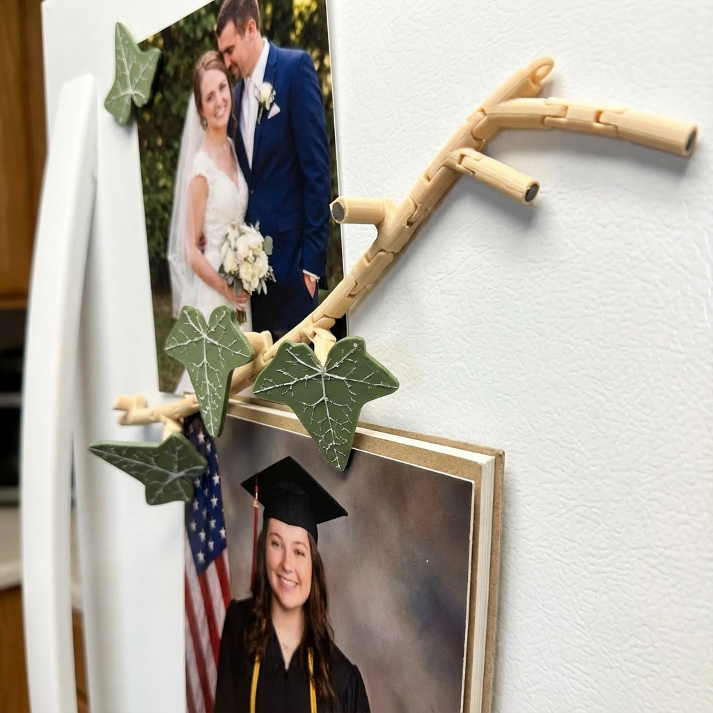 Decorative photo holder with wooden branch and green leaves holding a graduation photo and a wedding photo.