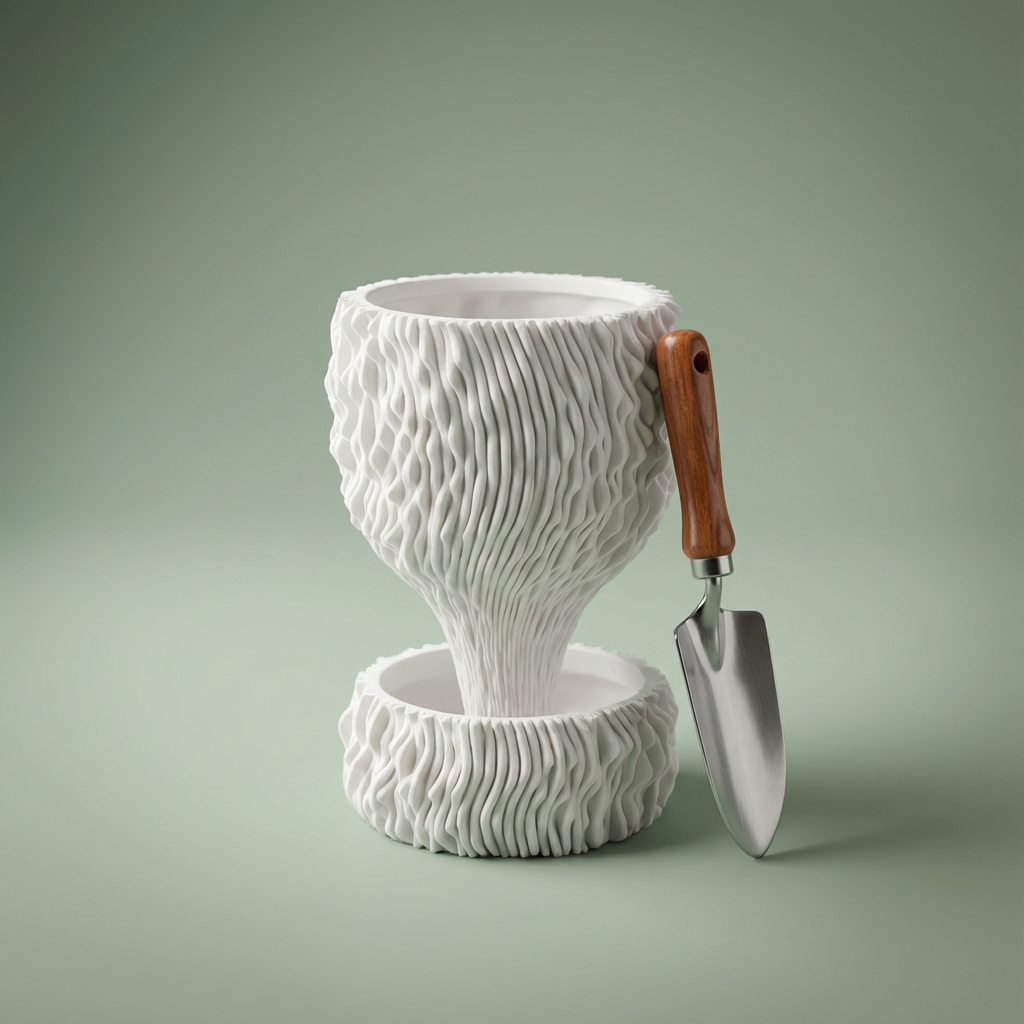 White textured planter with wooden handle and silver trowel on a green background