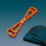 Orange carabiner with a blue beanie and gloves on a gradient background