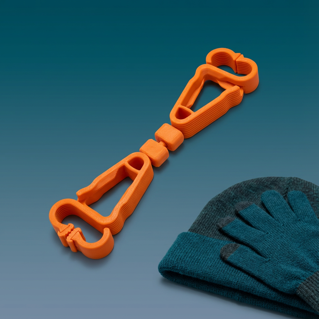Orange carabiner with a blue beanie and gloves on a gradient background