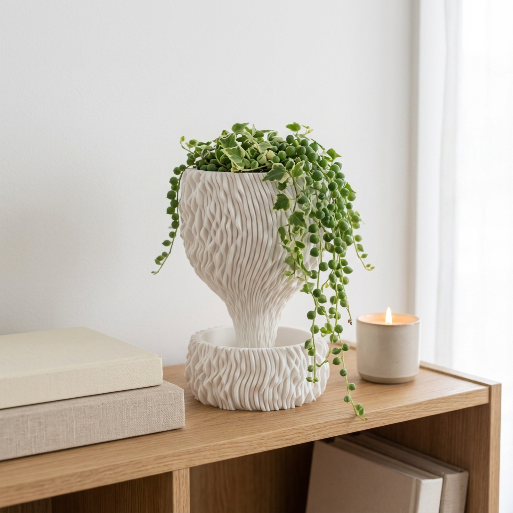 Decorative plant in a textured white pot on a wooden shelf with a candle and books.