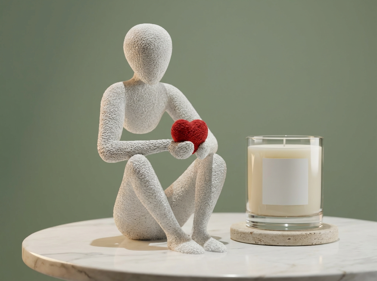 White abstract sculpture holding a red heart next to a candle on a light surface with a green background