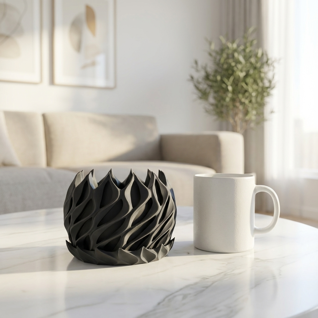 Black decorative bowl and white mug on a marble table in a living room.