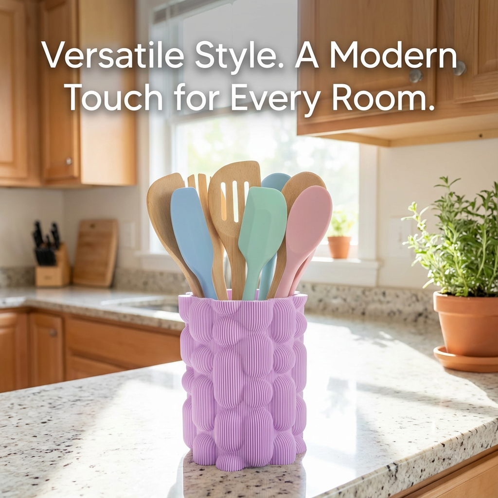Colorful kitchen utensils in a purple holder on a kitchen counter with text 'Versatile Style. A Modern Touch for Every Room.'