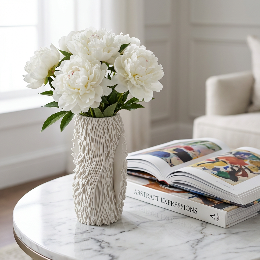 White peonies in a textured vase on a marble table with an open book titled 'Abstract Expressions'.