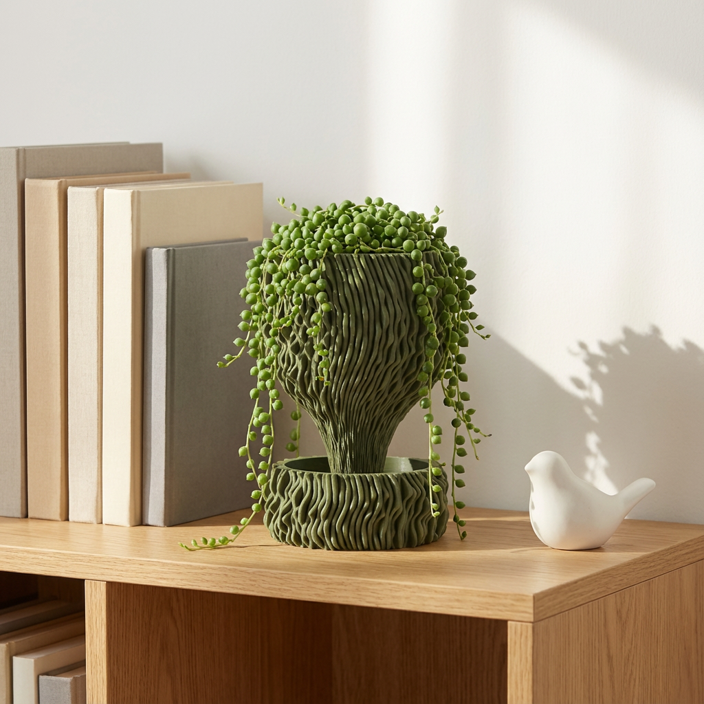 Decorative plant in a textured pot on a wooden surface with books and a small white bird figurine.