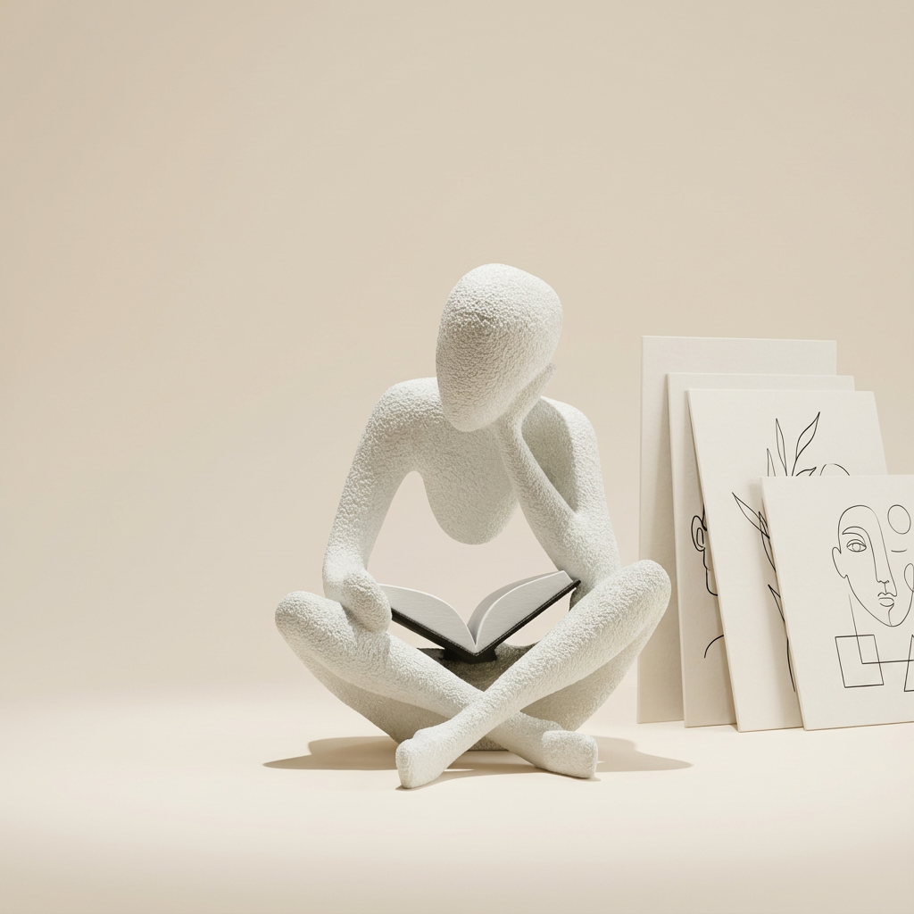 White abstract sculpture sitting on a beige surface with a light background