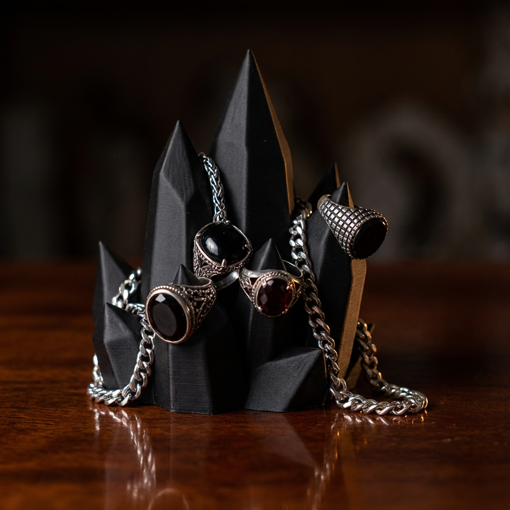 Jewelry set with rings and chains on a black geometric stand against a dark background