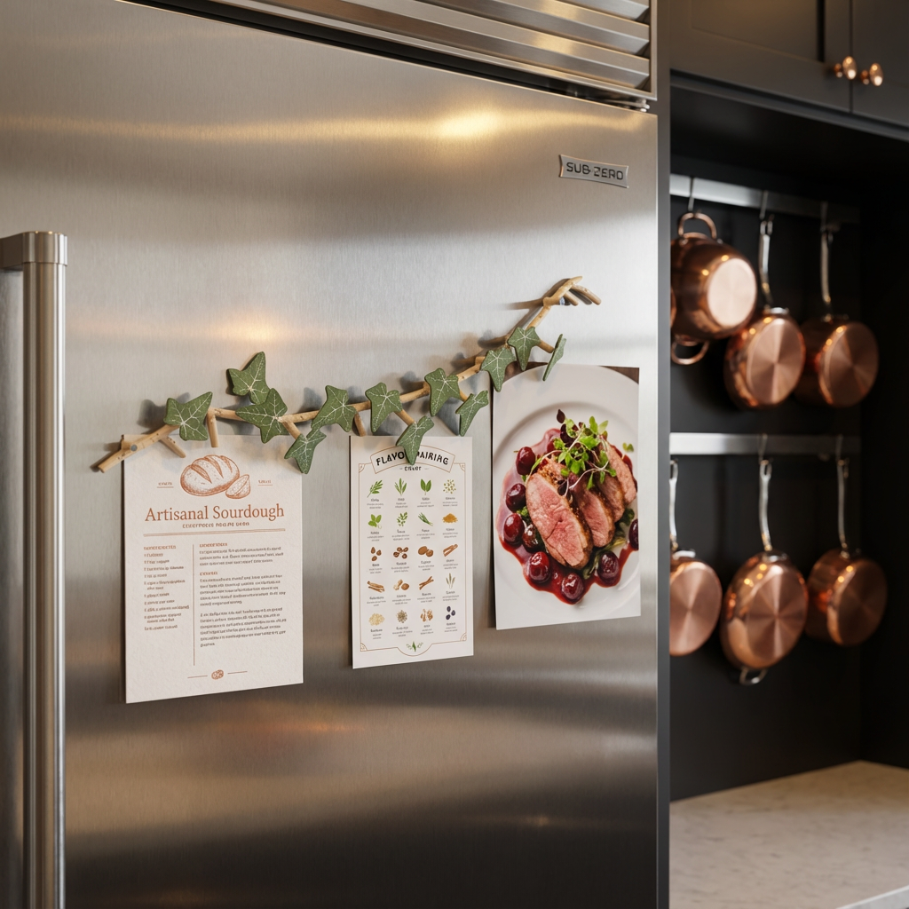 Stainless steel refrigerator with recipe cards on a magnetic strip, copper pots hanging in the background.