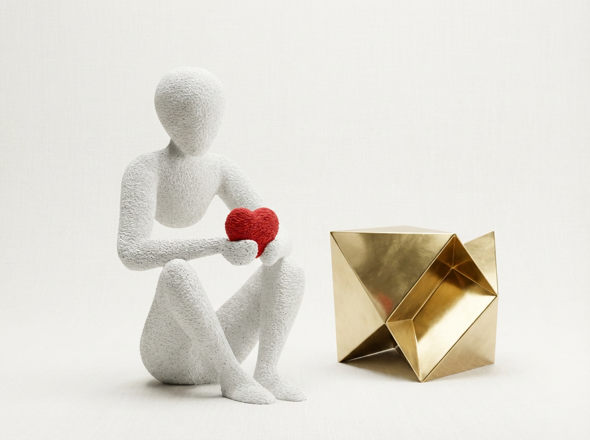 White abstract sculpture holding a red heart next to a gold geometric sculpture on a white background