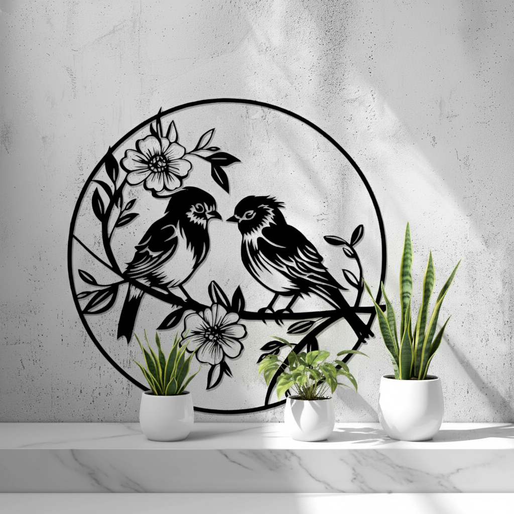 Close-up of intricate flower and leaf cutouts on a round black plastic wall hanging.