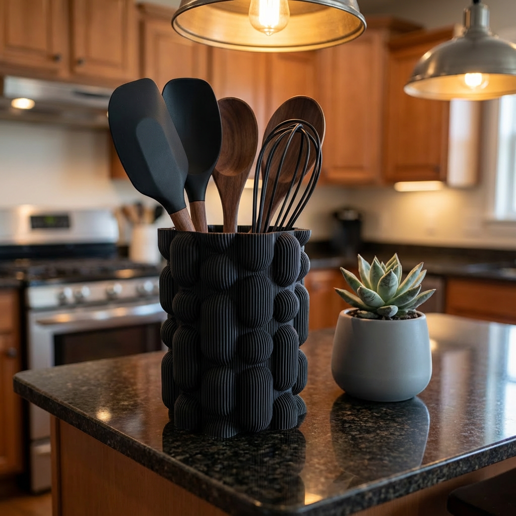 Kitchen counter with black textured utensil holder containing kitchen utensils and a potted plant.