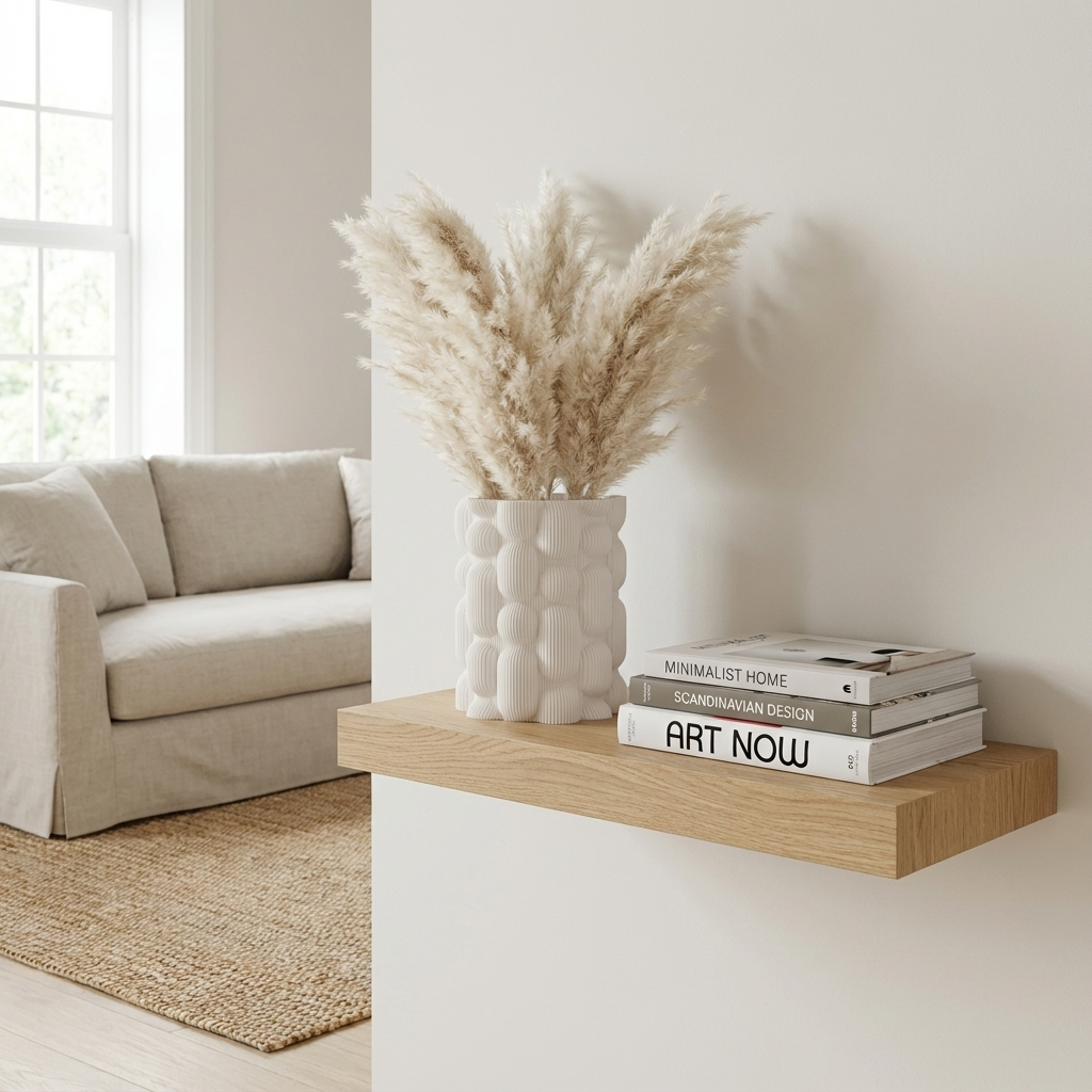 Modern living room with a wooden shelf holding books and a vase with pampas grass.