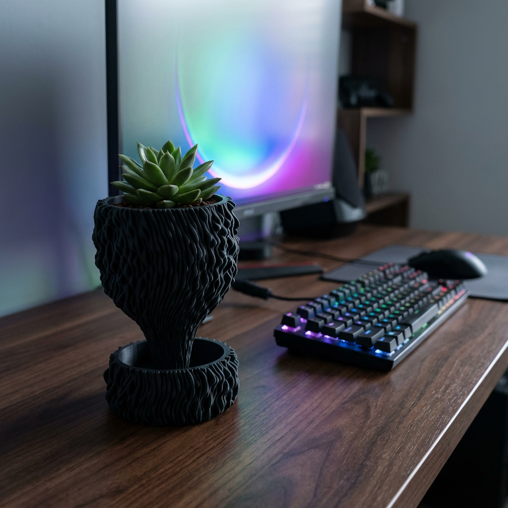 Desk setup with a potted plant, keyboard, and monitor in a dimly lit room.