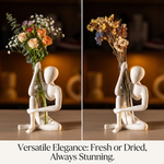 White figure vase shown with fresh and dried flowers. Text: "Versatile Elegance: Fresh or Dried, Always Stunning."