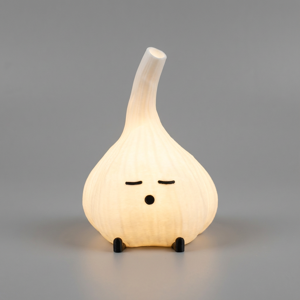 Light bulb shaped like a garlic with a face on a gray background