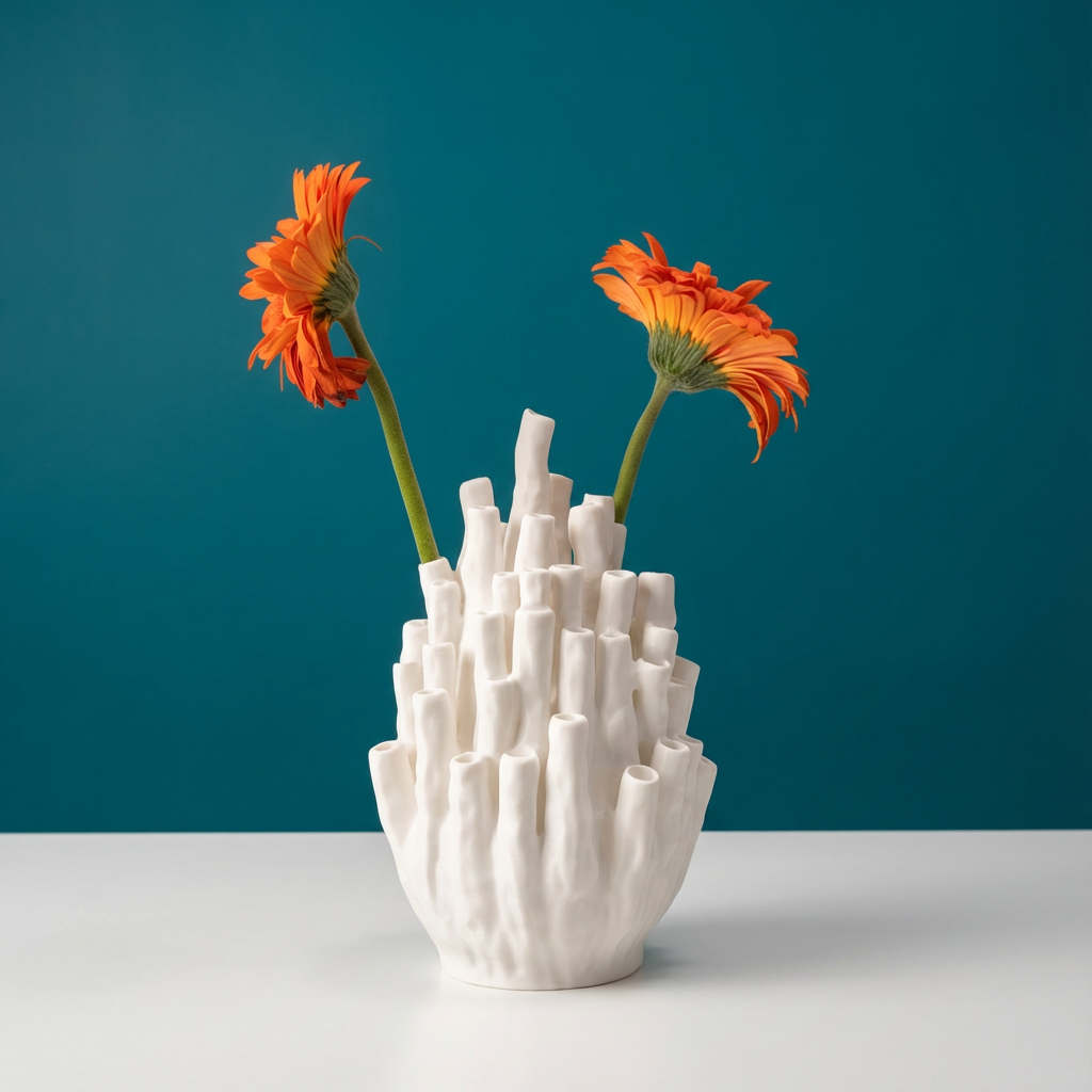 White textured vase with orange flowers against a teal background