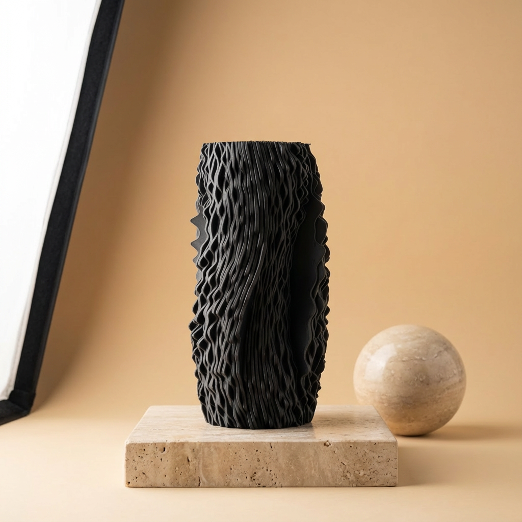 Black textured vase on a beige platform with a neutral background
