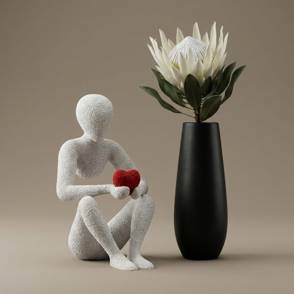 White abstract sculpture holding a red heart next to a black vase with a white flower on a beige background