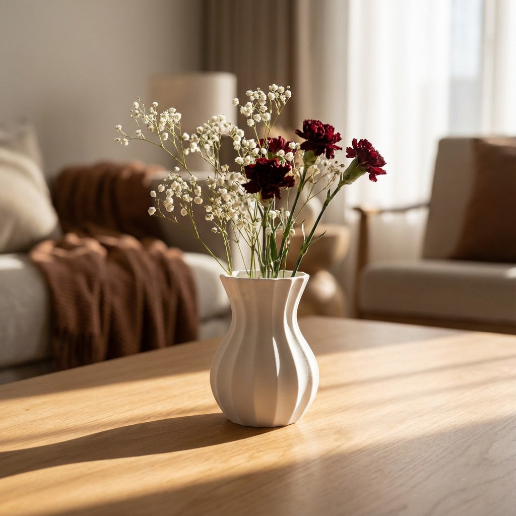 White vase with flowers on a wooden table in a living room