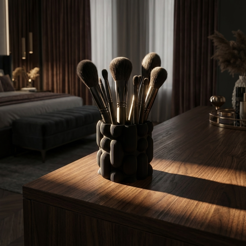 Set of makeup brushes in a holder on a wooden surface with a bedroom in the background