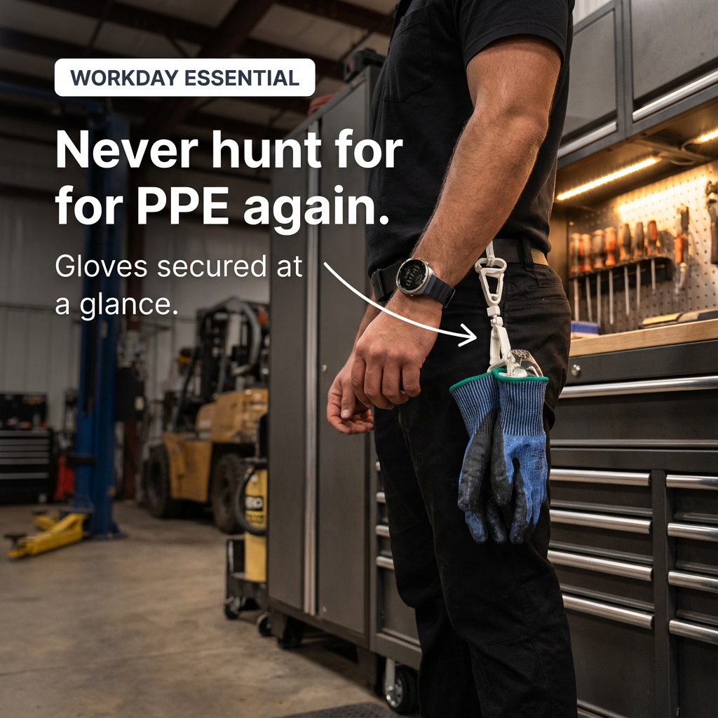 Person in a workshop with gloves secured on a hook, promoting PPE organization.