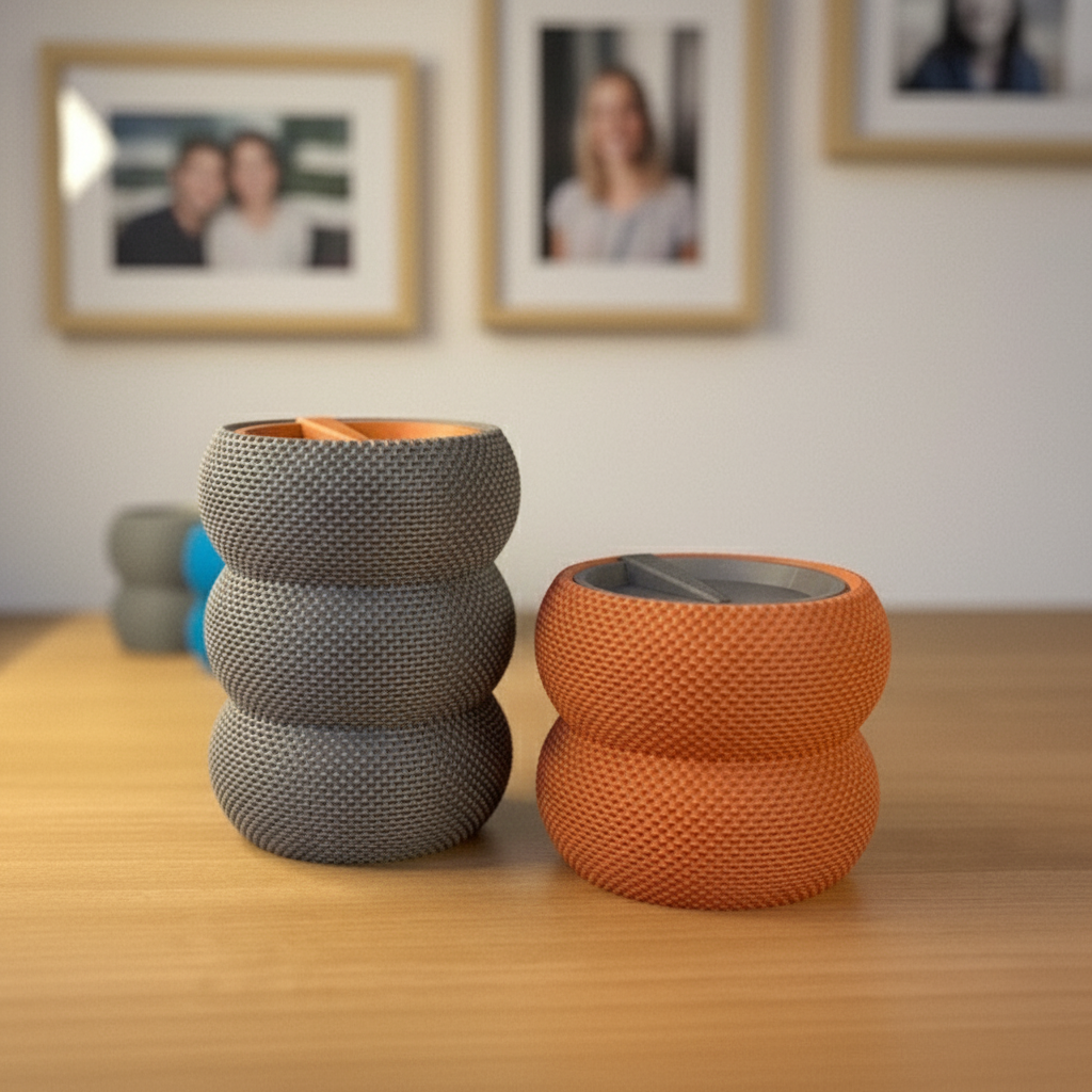 Close-up of the geometric woven texture on the side of a cylindrical storage container.