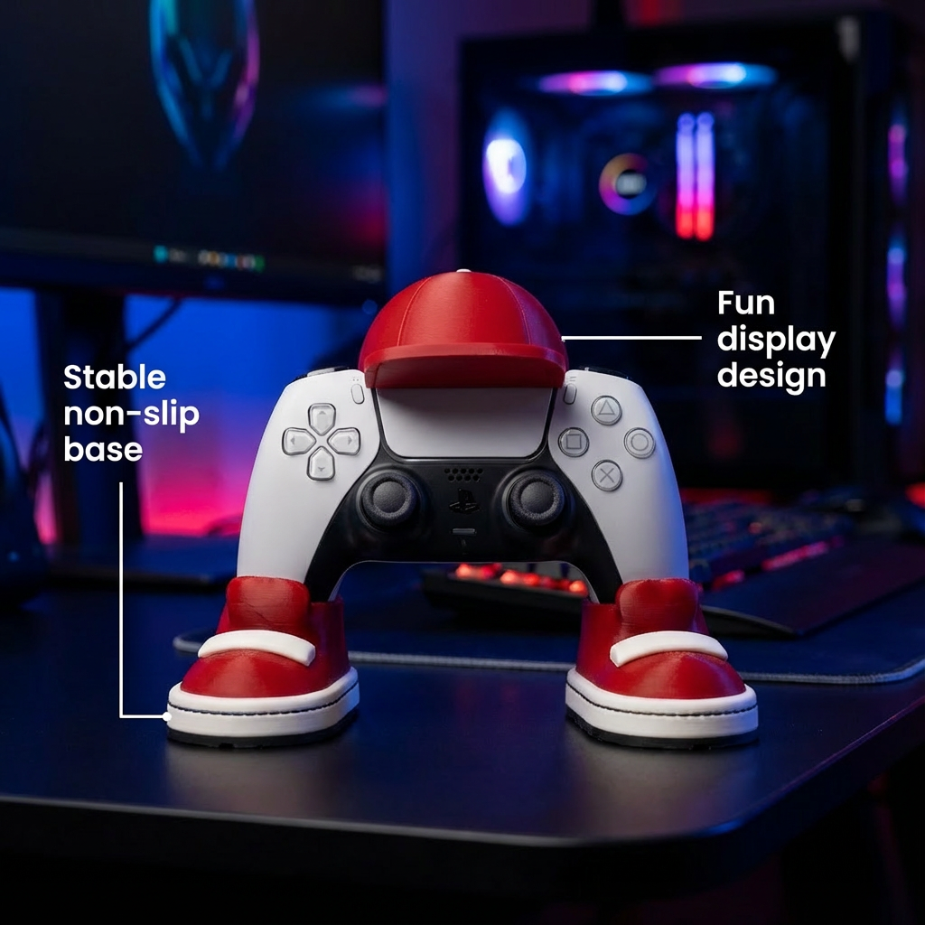 Gaming controller with red shoes on a desk in a gaming setup