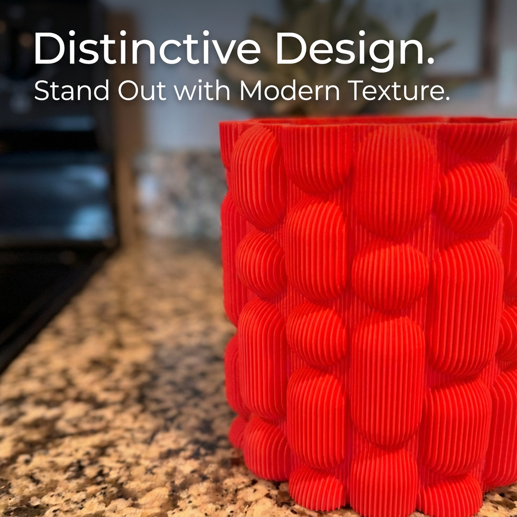 Red textured vase on a countertop with text 'Distinctive Design. Stand Out with Modern Texture.'